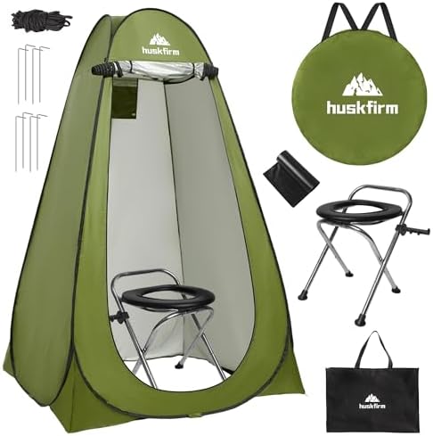 Huskfirm Portable Toilet Kit for Adults, Pop Up Privacy Tent, Stainless Steel Portable Camping Toilet with Toilet Tent, Instant Portable Outdoor Shower Tent Camp Toilet Changing Dressing Room