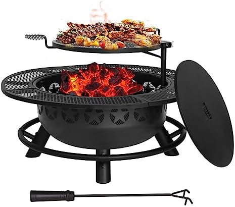 Hykolity 35 Inch Fire Pit with Cooking Grate & Charcoal Pan, Outdoor Wood Burning BBQ Grill Firepit Bowl with Cover Lid, Steel Round Table for Backyard Bonfire Patio Picnic