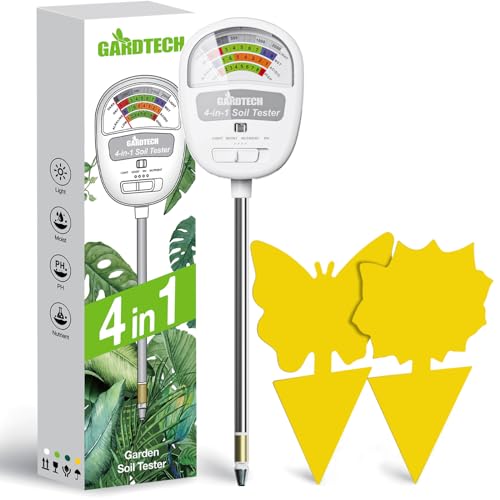 Gardtech Moisture Meter for Plant – 4-in-1 Soil Test Kit with 10Pcs Sticky Traps – Soil Moisture/Light/Nutrients/pH Meter for Garden, Lawn, Indoor & Outdoor (White)