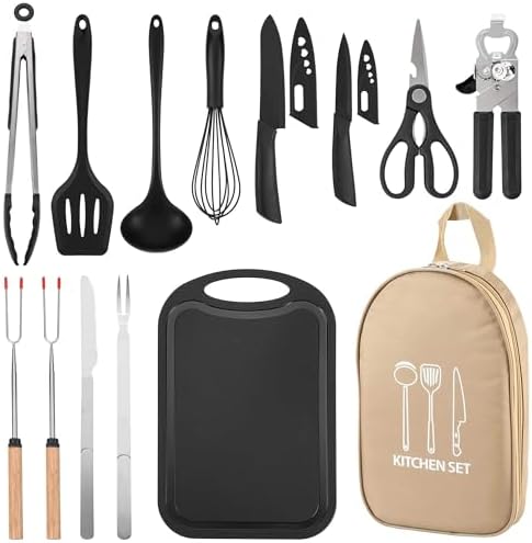 Wesqunie Camping Cookware Cooking Utensils Set – Portable Camping Kitchen Utensils, Outdoor Camping Essentials Accessories, Stainless Steel & Silicone, Camping Gear Equipment for RV Picnic Grill