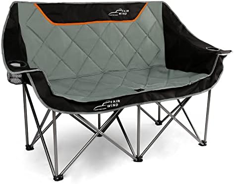 FAIR WIND Oversized Fully Padded Camping Chair Folding Loveseat Camping Couch Double Duo Chair Heavy Duty Quad Fold Chair Arm Chair with Cup Hold – Supports 650 LBS Black