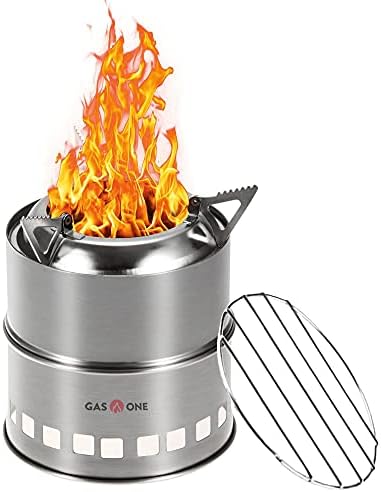 Gas One Camping Stove – Wood Stove Stainless Steel Portable Stove with Alcohol Tray Potable Wood Burning Stoves for Picnic BBQ Camp Hiking with Grill Grid