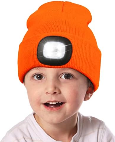 Unisex LED Beanie with Light for Kids, USB Rechargeable Hands Free LED Headlamp Hat, Knitted Night Light Beanie Cap Flashlight Hat, Gifts for Kids Boys Girls (Orange)