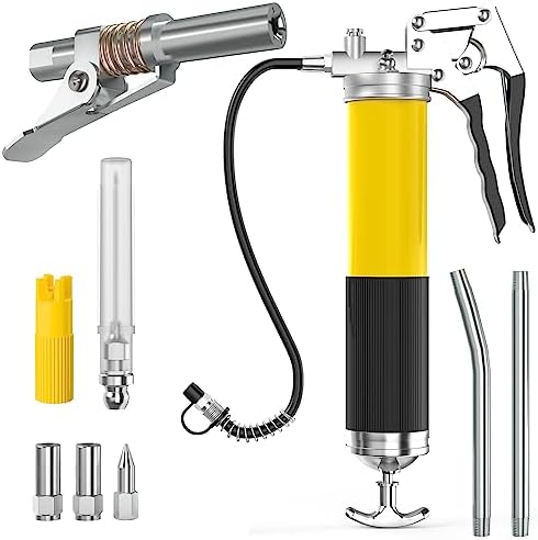 Grease Gun with Needle Coupler, 8000 PSI Heavy Duty Pistol Grip Grease Gun Kit with 14 oz Load, 18 Inch Spring Flex Hose, 2 Working Coupler, 2 Extension Rigid Pipe, Sharp Type Nozzle and Clean Cap