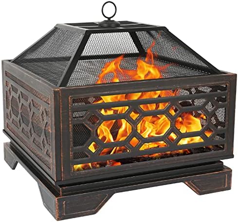 Hykolity 26 Inch Outdoor Fire Pit Square Extra Deep Wood Burning Firepits Large Bonfire with Cooking Grate & Poker for Outside, Patio, Backyard