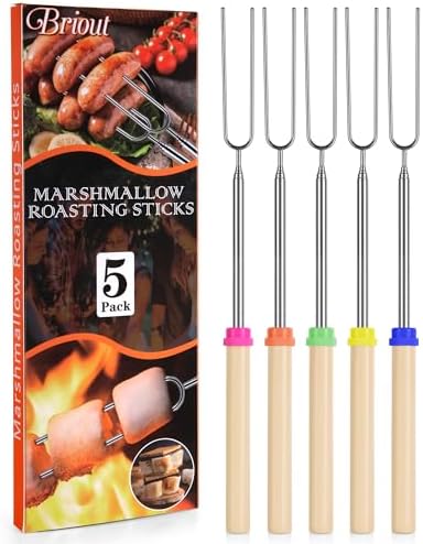 Briout Marshmallow Roasting Sticks – Smores Stick for Fire Pit – Hot Dog Campfire Skewers Marshmallow Camping 32 Inch Long Extendable Forks – 5 Pack