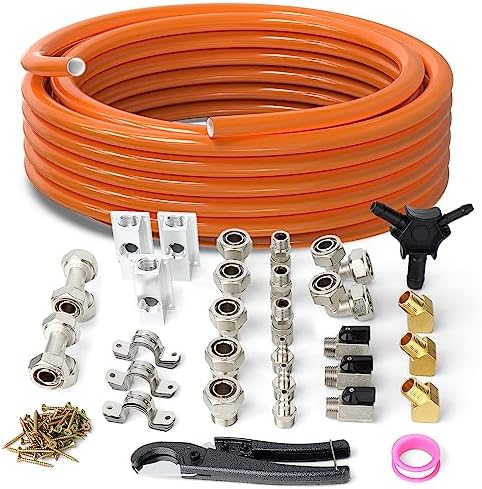 GASHER Compressed Air Piping System, Air Compressor Install kit, With 3/4 Inch ID× 50 Feet HDPE Compressed Air Pipe,Aluminum Outlet Blocks, Tees, Cutter, Connectors, Tees, Mounting clips, 98Pieces