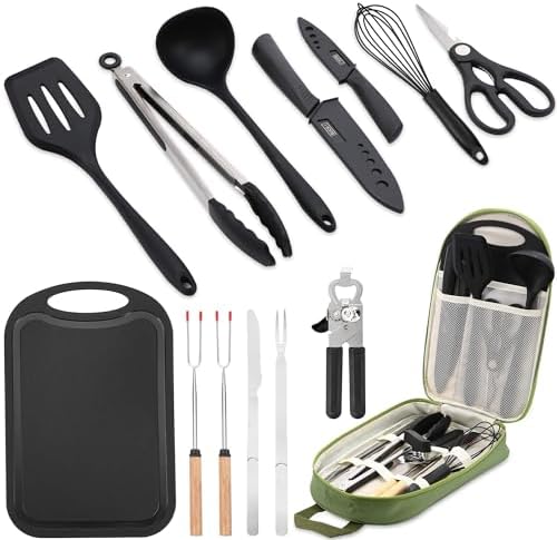 Wesqunie Camping Cookware Cooking Utensils Set – Portable Camping Kitchen Utensils, Outdoor Camping Essentials Accessories, Stainless Steel & Silicone, Camping Gear Equipment for RV Picnic Grill