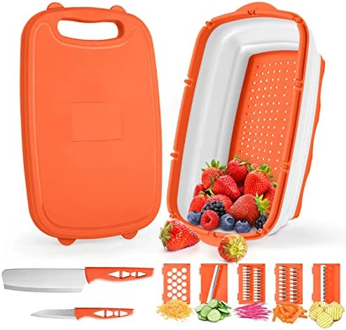 Gintan Camping Cutting Board, 9-in-1 Collapsible Cutting Board,Multifunctional Chopping Board with Colander, Kitchen Vegetable Washing Basket Silicone Dish Tub for BBQ Prep/Picnic/Camping