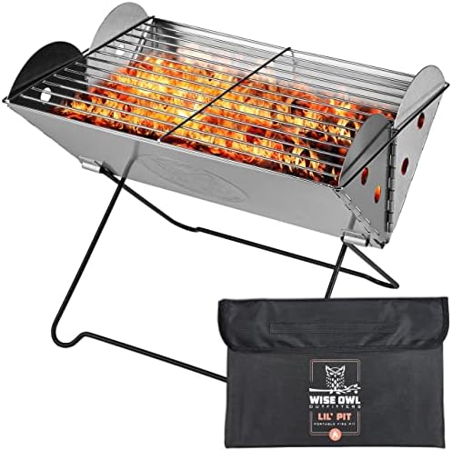 Wise Owl Outfitters Portable Camping Grill – Collapsible Fire Pit for Camping, Stainless Steel 13.6 x 10.2 Inch – 2.2lb Pop Up Fire Pit with Case for BBQ, Tailgating, Backyard, Outdoor Use