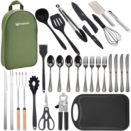 Wesqunie Camping Cookware Cooking Utensils Set – Portable Camping Kitchen Utensils, Outdoor Camping Essentials Accessories, Stainless Steel & Silicone, Camping Gear Equipment for RV Picnic Grill