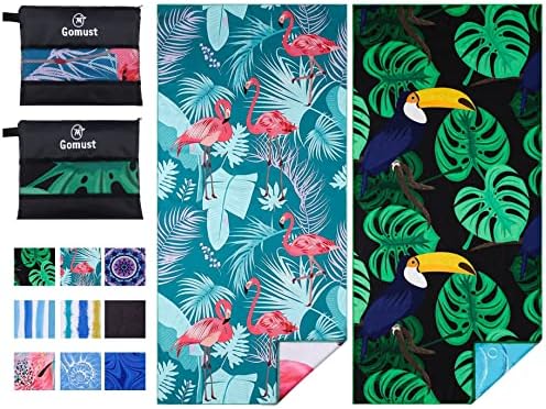 Gomust 2 Pack Lightweight Thin Beach Towel Oversized 71″x32″ Big Extra Large Microfiber Sand Free Towels for Adult Quick Dry Travel Camping Beach Accessories Vacation Essential Gift Flamingo Toucan