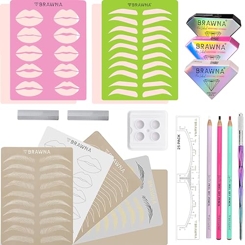 BRAWNA Microblading Kit for Professionals and Beginners: 25 Pcs Brow Ruler Stickers, 7 Pcs PMU Practice Skins, 3 Mapping String, 2 PMU Brow & Lips stencils, 3 Peel Off Mapping Pencils, 2 Brow Razor