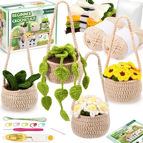 Karsspor Crochet Kit for Beginners – 4 PCS Hanging Potted Plants, Beginner Crochet Kit for Adults with Easy to Follow Tutorials (Patent Product)