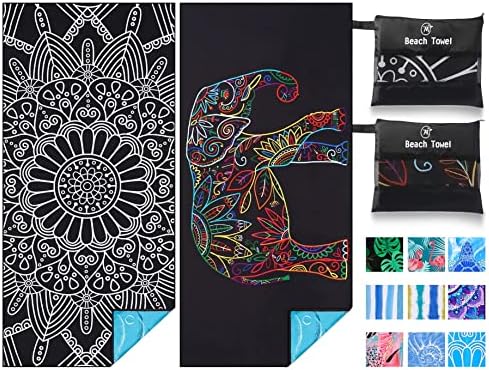 2 Pack Lightweight Thin Beach Towel Oversized 71″x32″ Big Extra Large Microfiber Sand Free Towels for Adult Quick Dry Travel Camping Beach Accessories Vacation Essential Gift Black Mandala Elephant