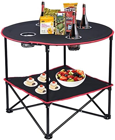 LEADALLWAY Camping Table Folding Picnic Table with 4 Cup Holders and Carrying Bags Collapsible Canvas Portable Tables Folding for BBQ Outdoor Fishing