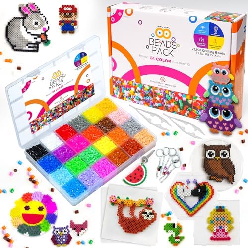 BeadsPack Fuse Beads Kit for Kids with 22000 Beads 2.6mm – 3 Pegboard, 2 Tweezers, 3 Pattern & Iron Paper – 24 Assorted Color Iron-On Melty Beads for Kids Crafts & Gift – Ideal for All Occasions