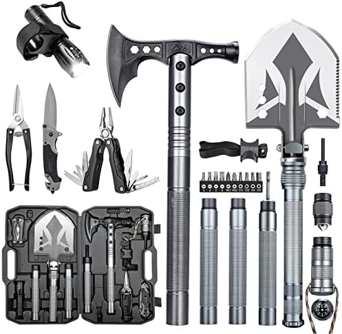 ZENHOSIT Multifunctional Folding Tactical Shovel Hatchet Combo – With Axe, Flashlight, Extension Handles – For Camping, Cycling, Hiking – 19.3-40.9 Inches