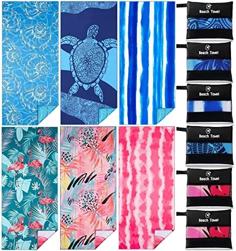 6 Pack Lightweight Thin Beach Towel Oversized 71″x32″ Big Extra Large Microfiber Sand Free Towels for Adult Quick Dry Travel Camping Beach Accessories Vacation Essential Gift Turtles Shell Stripe Leaf