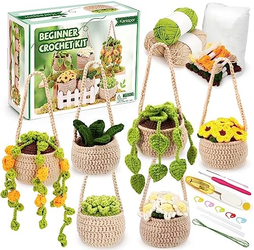 Karsspor Beginner Crochet Kit for Adults – 6 PCS Hanging Potted Plants Crochet, Crochet Starter Kit with Detailed Instructions and Video Tutorials, Complete Crochet Kit for Beginners (Patent)