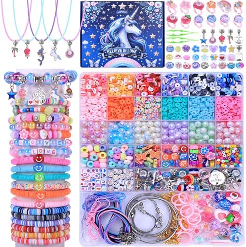 AIPRIDY 3200 Pcs Unicorn Jewelry Activity Kit, Clay Beads Bracelet Making Kit, Flat College Style Beading for Friendship Jewelry Making, Crystal Time Gem Ring Gifts, DIY Crafts for Teenage Girls