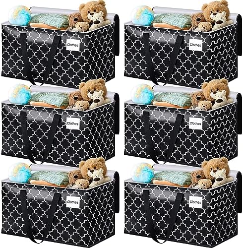 HomeHacks Storage Bags, Heavy Duty Moving Bags, Moving Boxes with Tag Pockets, Zippers & Carrying Handles, Collapsible Storage Totes for Storing, Camping, Packing & Moving Supplies, Black 88L, 6 Pack